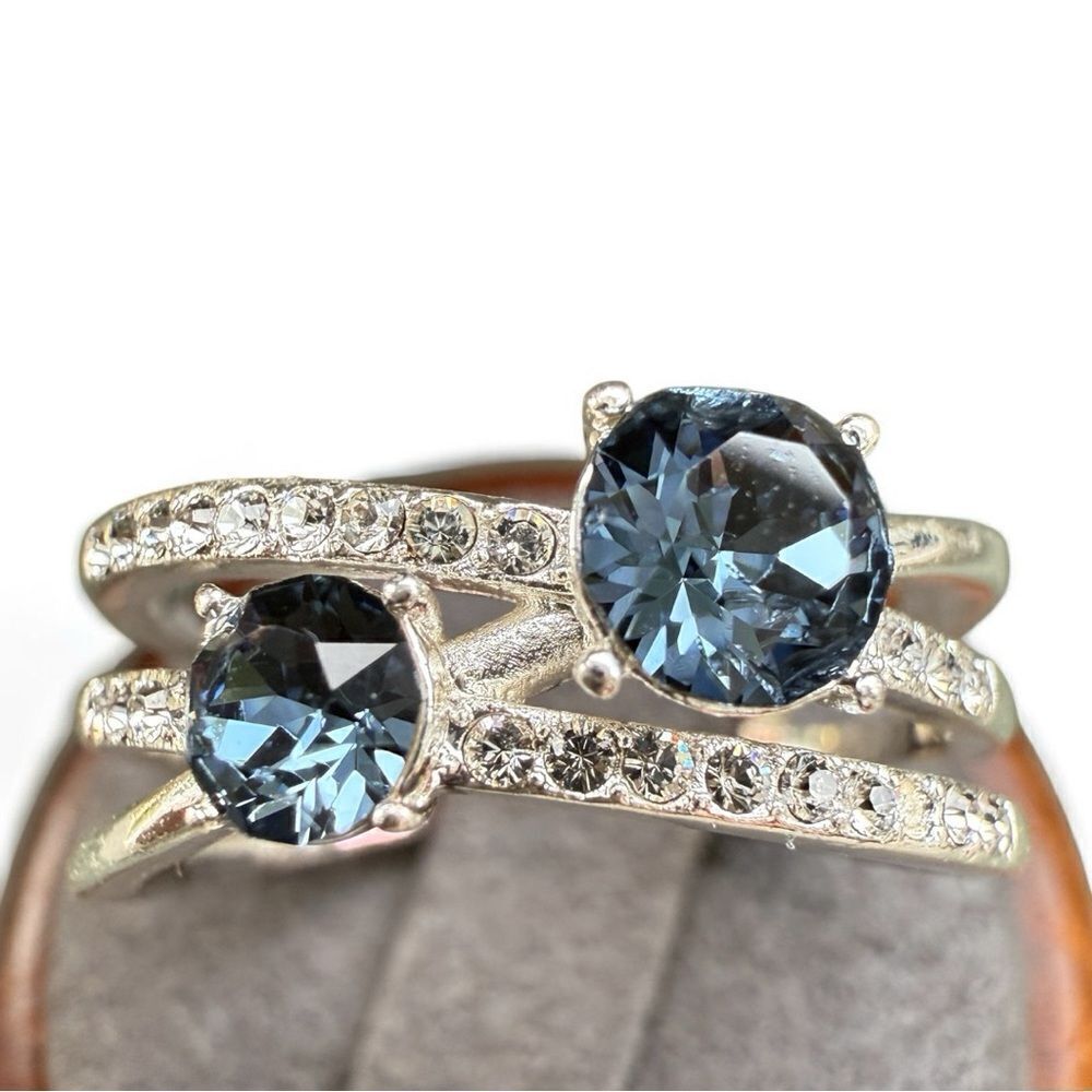 Adjustable Silver Tone Ring Double Blue Stones Rhinestone Bands Size 9.5